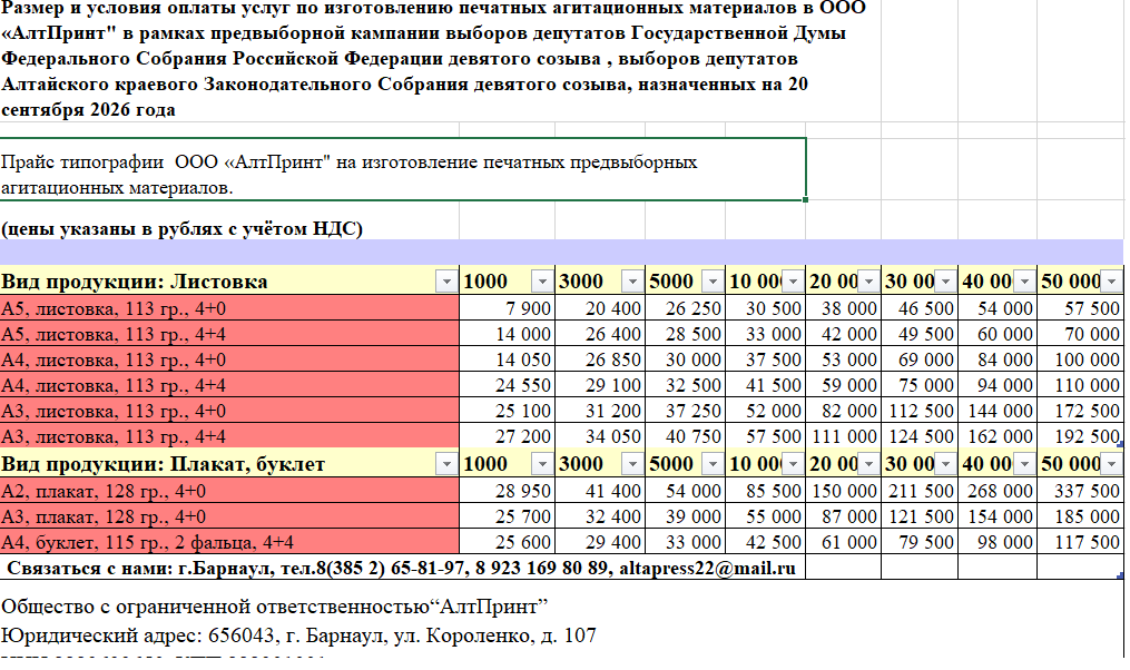 Прайс типографии  ООО «АлтПринт" на изготовление печатных предвыборных агитационных материалов.